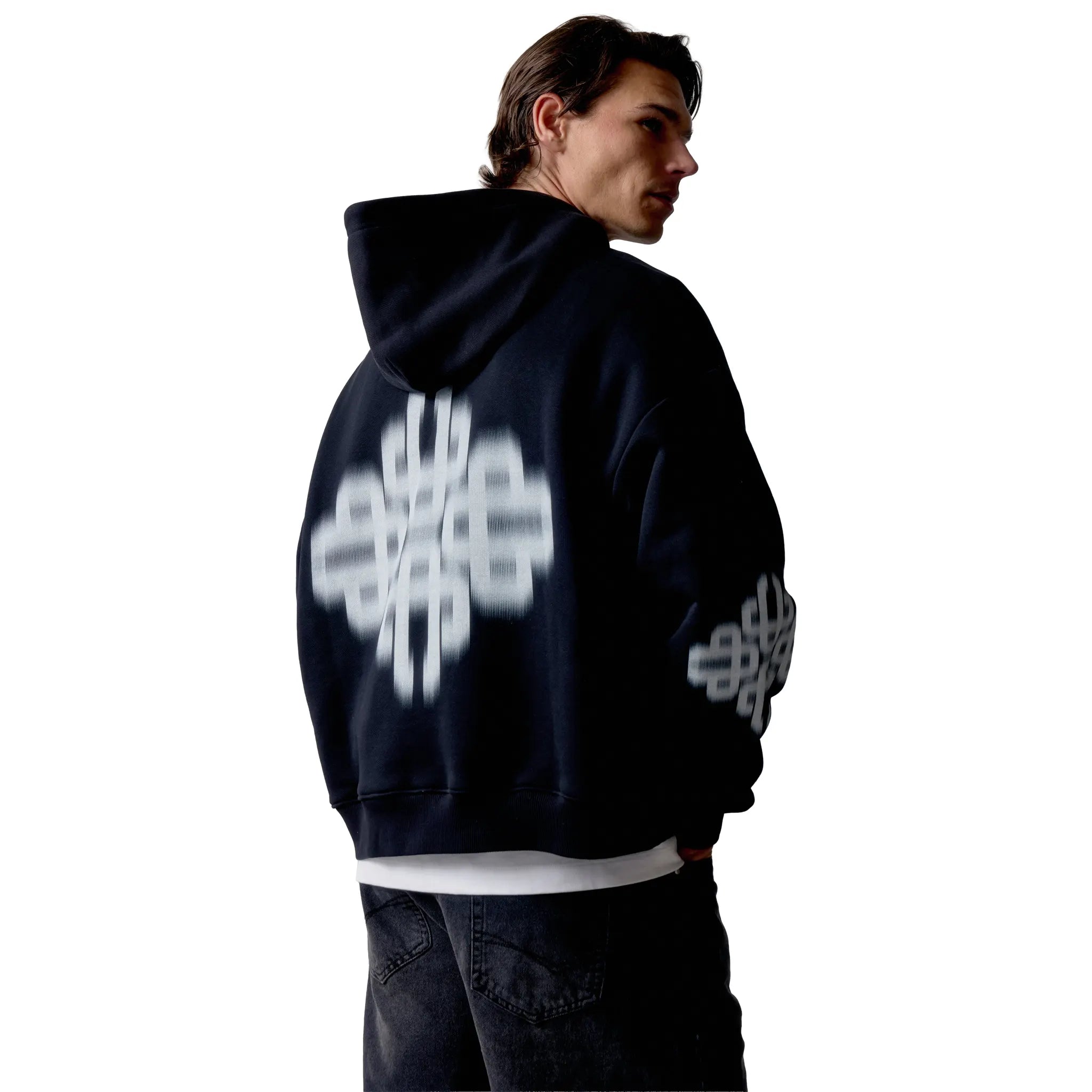 Back View of The Couture Club Motion Blurred Black Zip-Up Hoodie